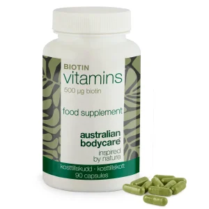 Kosttillskott Biotin 500 µg – vitamin B7 – 90 st — Kosttillskott med biotin 500 µg – stödjer hud, hår och slemhinnor. Huvudingredienser: biotin, Medicago sativa och cellulosa.